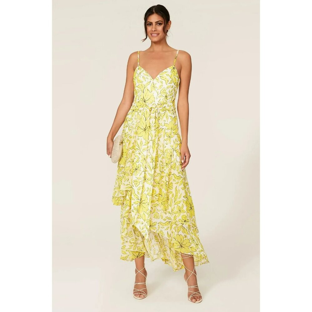 GORGEOUS *Badgley Mischka* Yellow Mixed Print Ruffle Hem Dress | Size 0 | EUC
